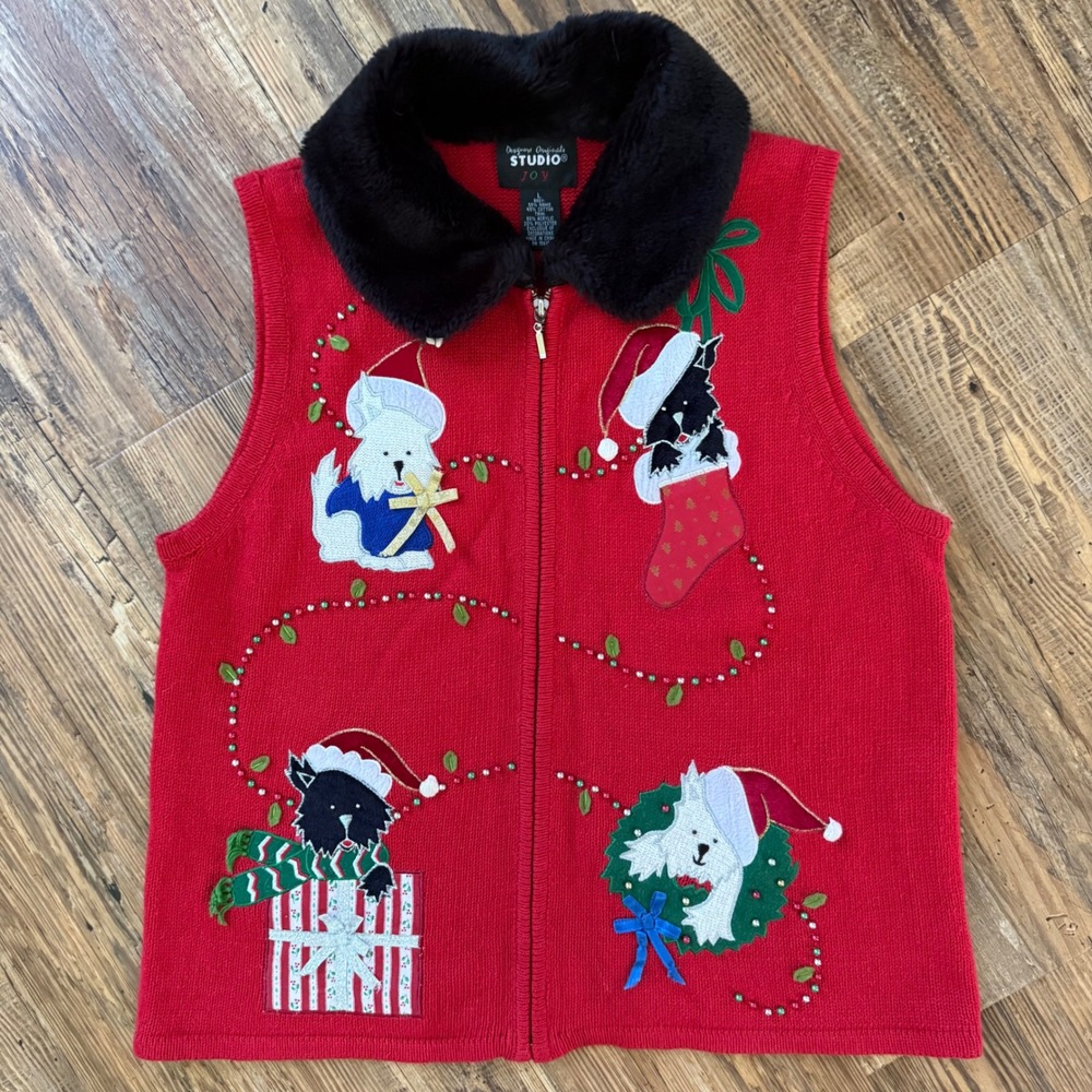Designers Originals Studio Vest Womens L Scottie Schnauzer Dog Christmas Vintage